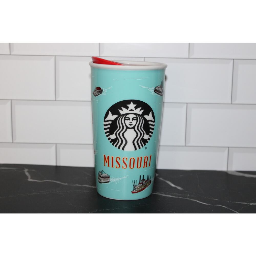 Starbucks MISSOURI 12 Oz Ceramic Traveler Tumbler Boats Ozark Lake EUC